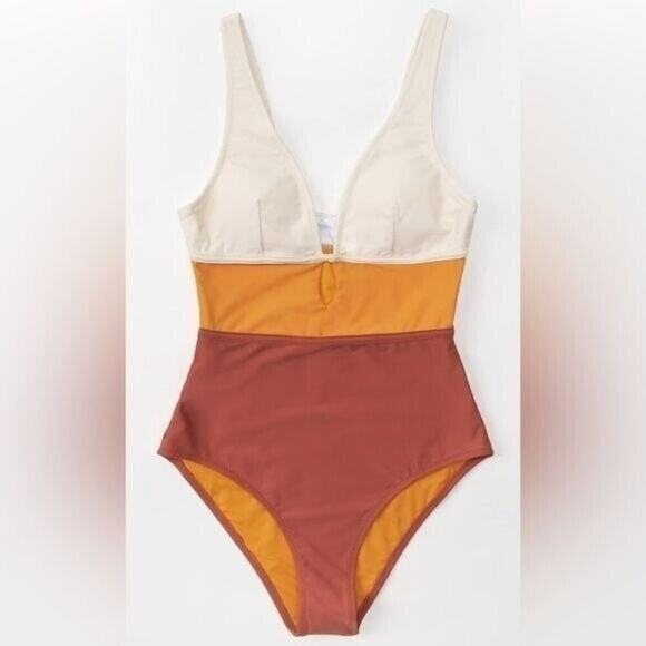 Cupshe Womens XL Colorblock One-Piece Swimsuit Orange V-Neck High Waist Cutout - Picture 4 of 8